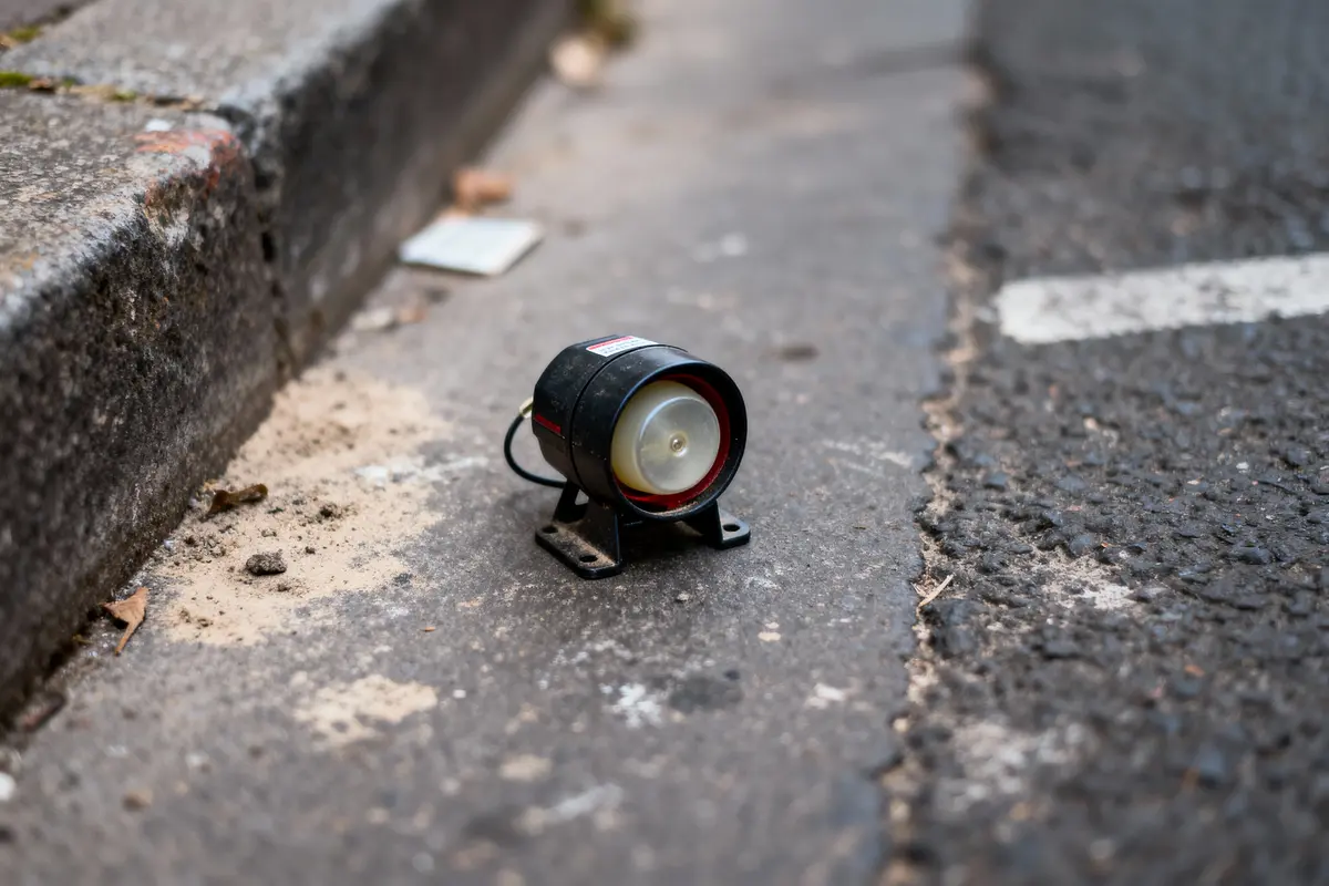 Petit haut-parleur noir posé sur un trottoir, près du bord, avec un câble attaché.