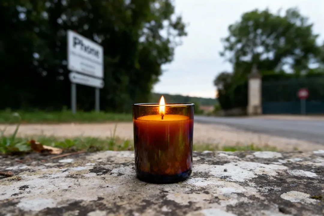 Bougie allumée sur pierre devant panneau flou, route et arbres en arrière-plan. Ambiance calme.