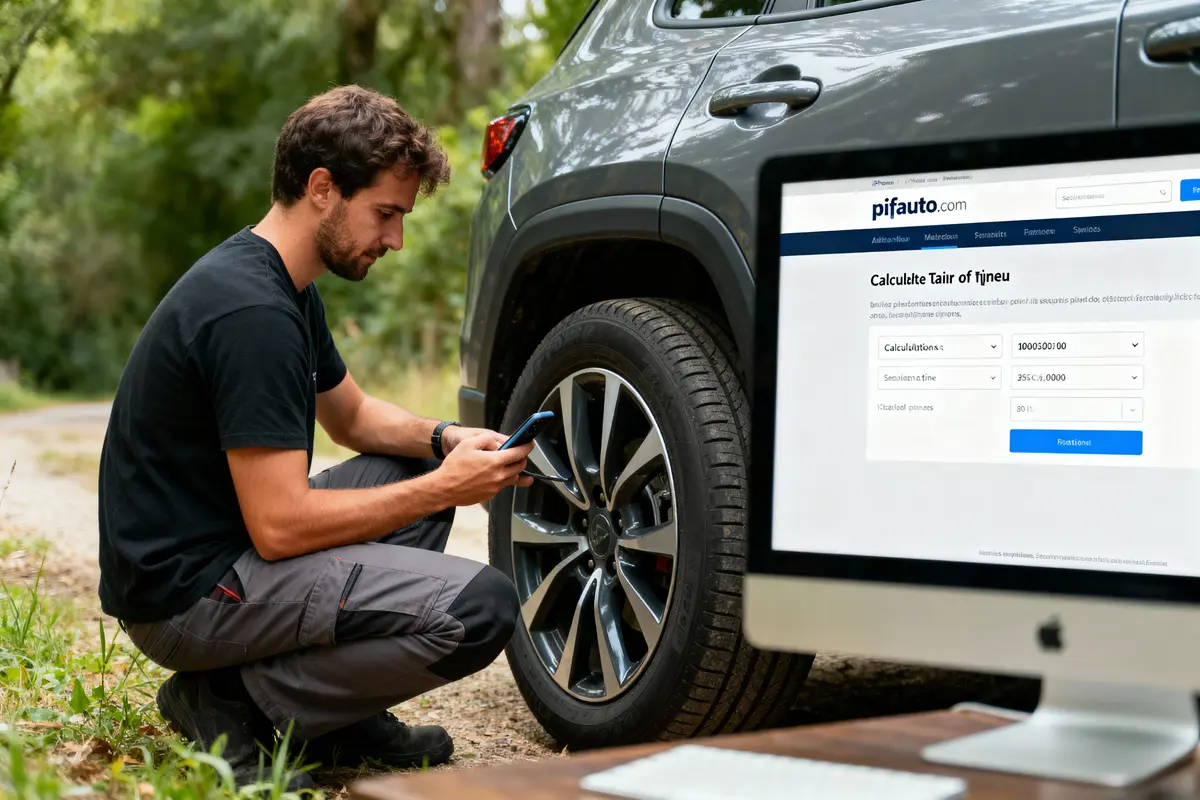 Homme vérifiant une roue de voiture avec smartphone, écran d'ordinateur affichant calculateur en arrière-plan, extérieur.