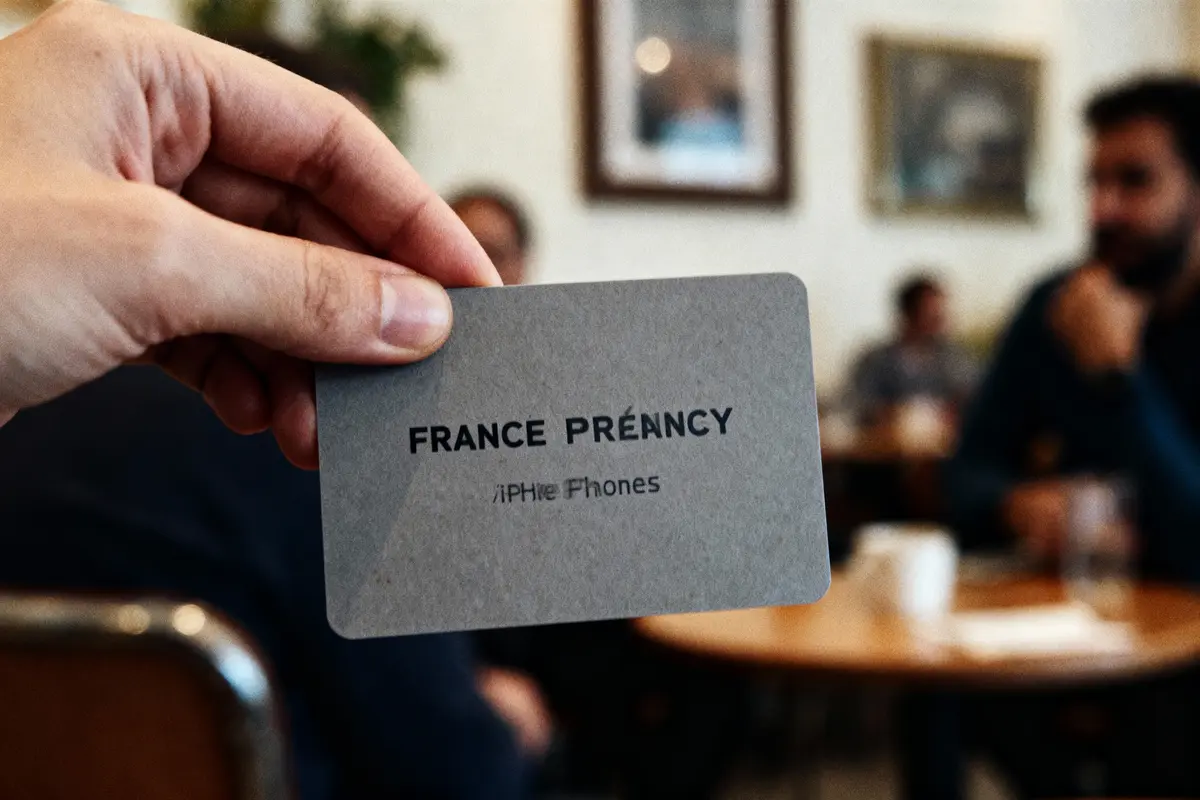 Carte grise avec texte "FRANCE PRÉANCY", contexte flou de café. Main tenant la carte au premier plan.