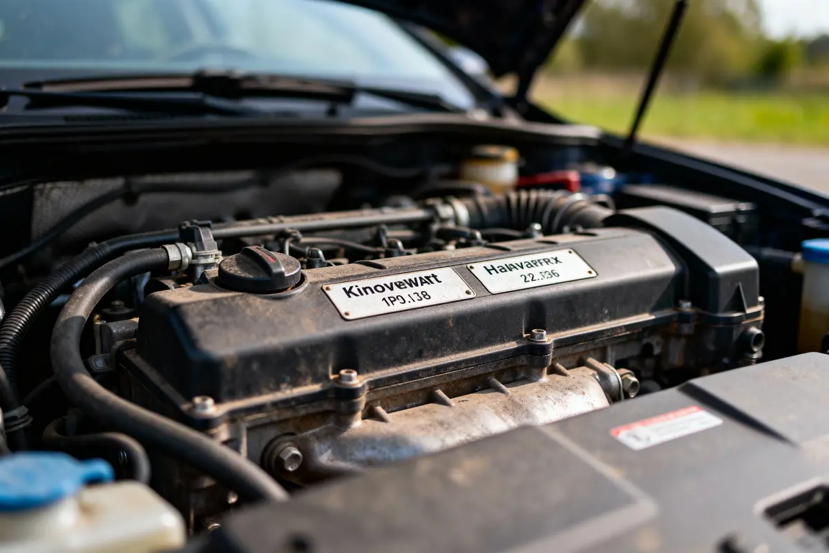 Moteur de voiture avec étiquettes KinoveWaTT et HalaVaFRX sur un fond flou extérieur.