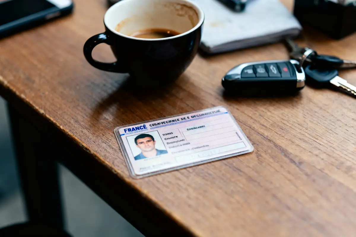 Tasse de café, clés de voiture, téléphone, carte conducteur française sur une table en bois.