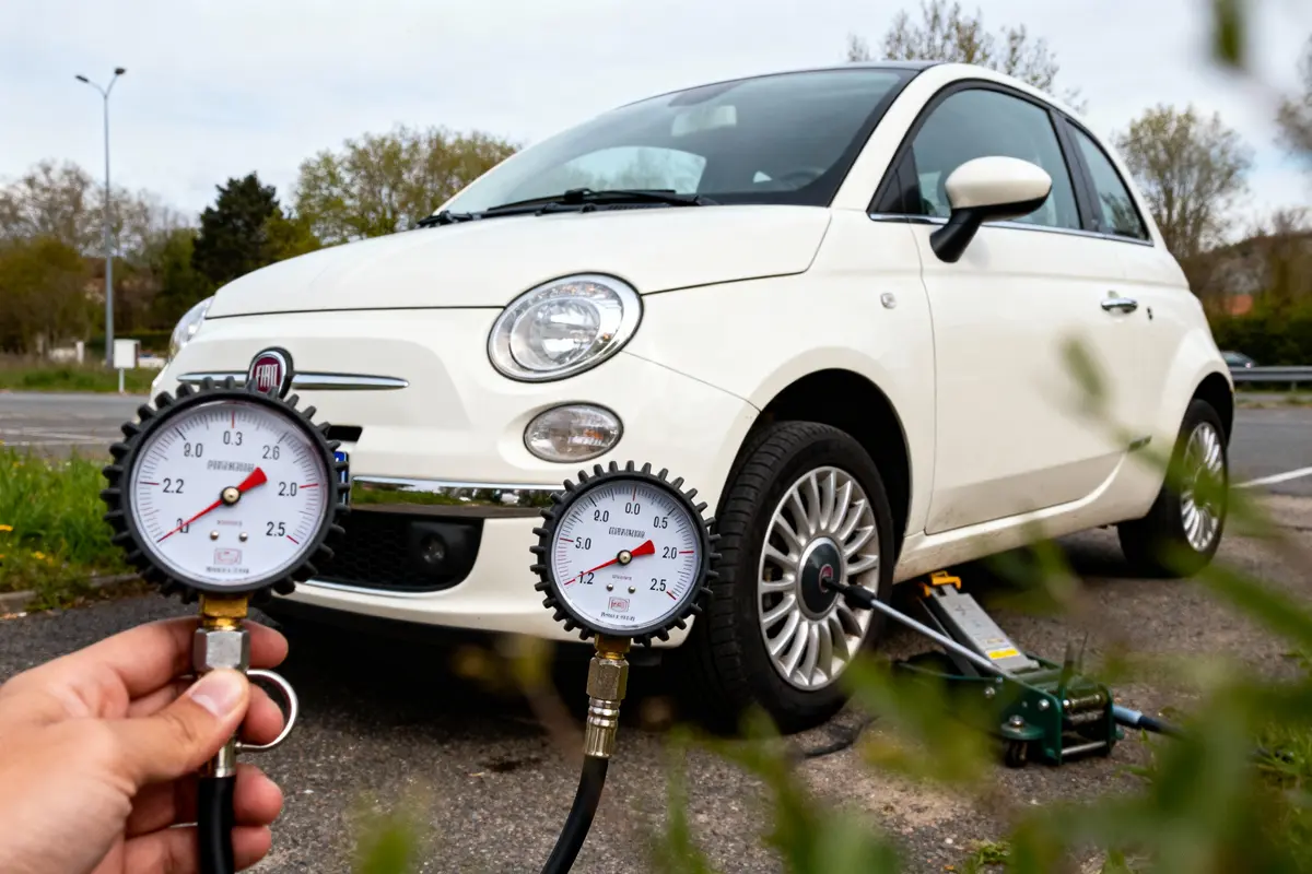 Voiture blanche sur cric, deux manomètres mesurent la pression des pneus, cadre extérieur verdoyant.