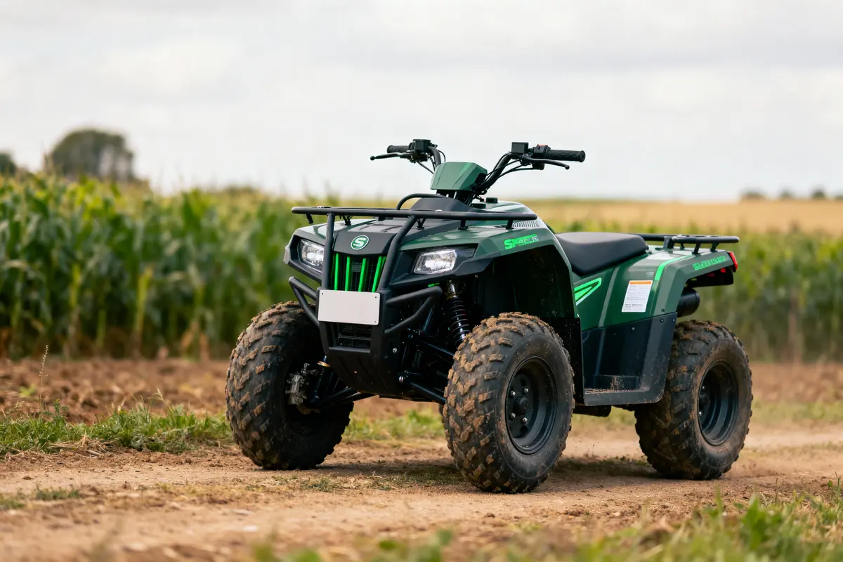 Quad vert sur chemin terreux avec champ de maïs en arrière-plan, ciel nuageux.