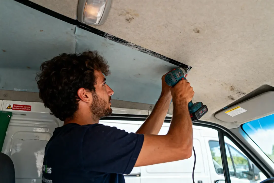 Homme utilisant une perceuse pour réparer le plafond d'un véhicule utilitaire, vu de profil.