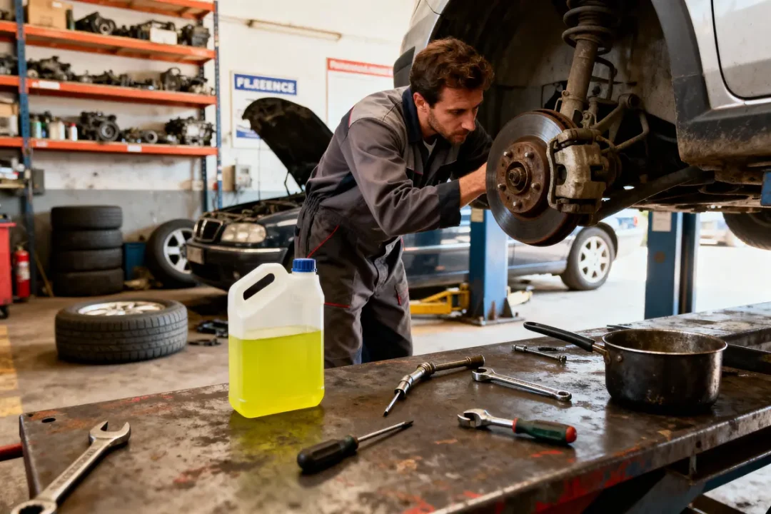 Mécanicien répare freins dans un garage, outils sur établi, bidon de liquide. Pneus et pièces en arrière-plan.
