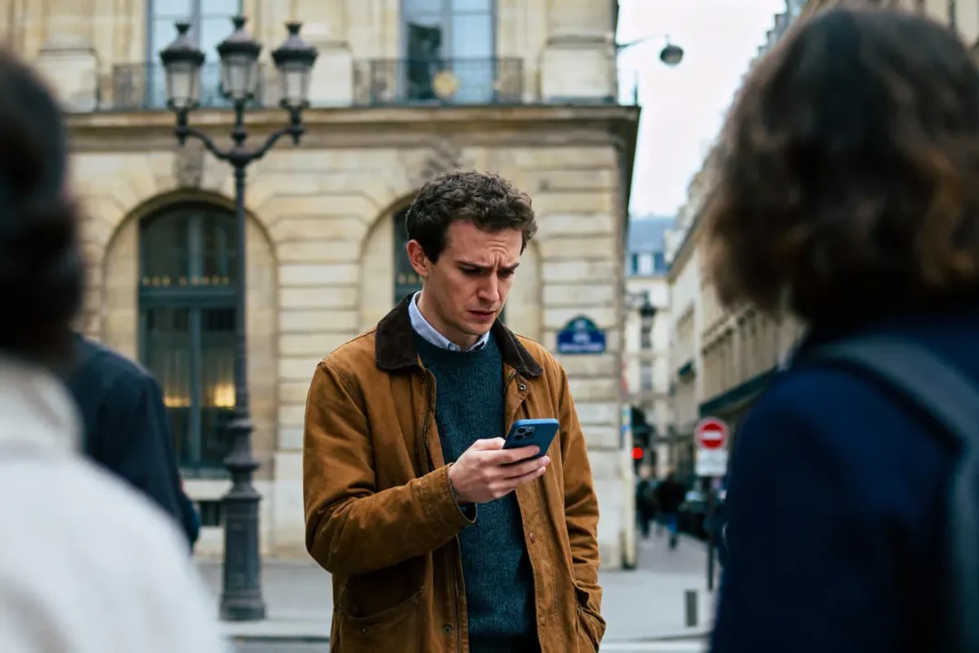 Homme en veste marron regardant son smartphone dans une rue urbaine, entouré de bâtiments historiques.