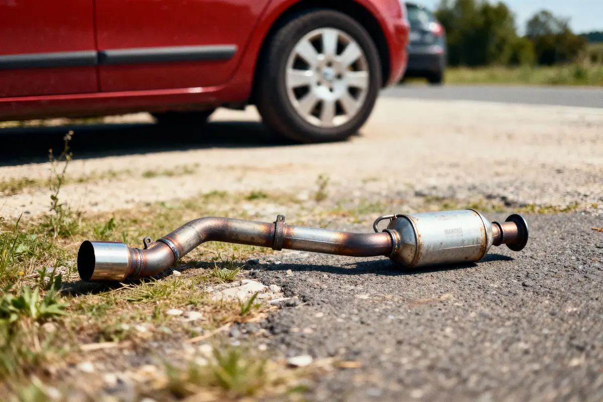 Pot d'échappement au sol devant une voiture rouge. Route et végétation en arrière-plan.