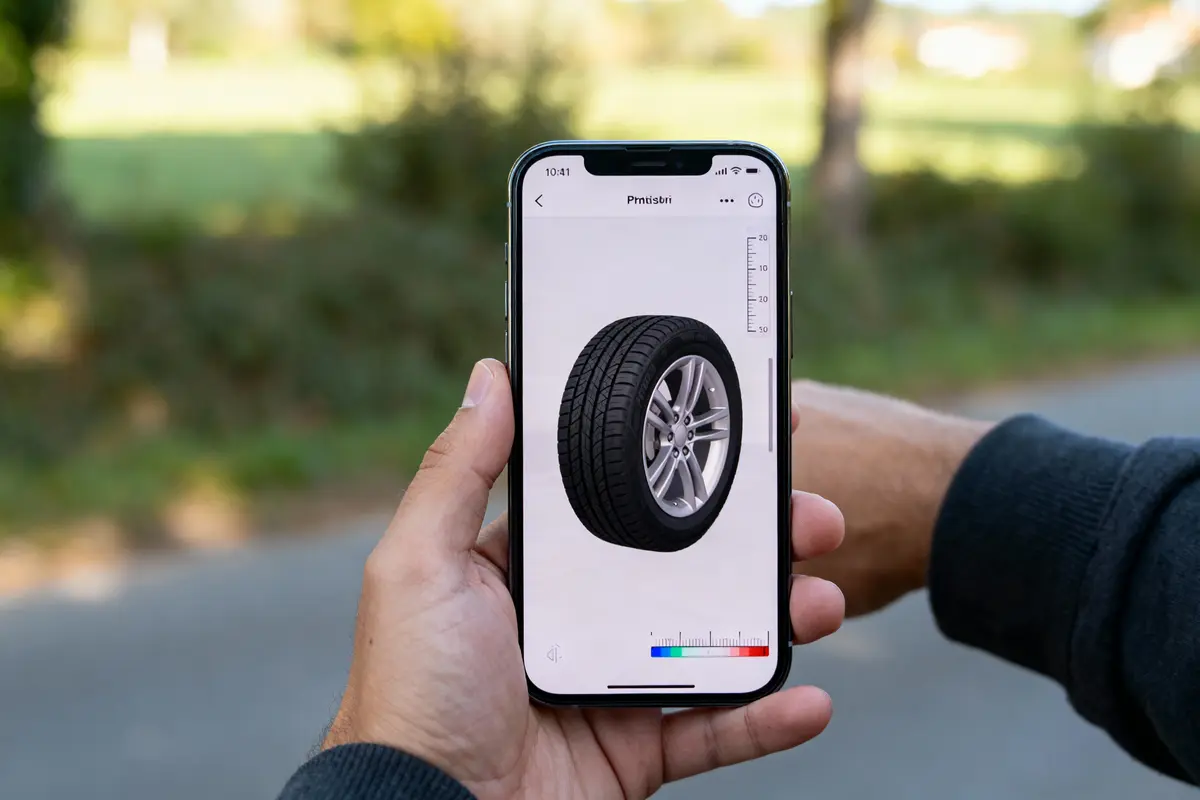 Une main tient un smartphone montrant l'image d'un pneu avec des mesures, fond flou extérieur.