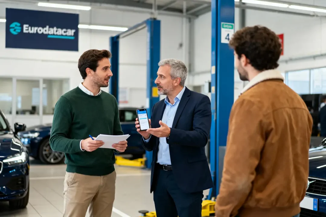 Trois hommes discutent dans un garage automobile, l'un montrant un téléphone. Panneau "Eurodatacar" visible.