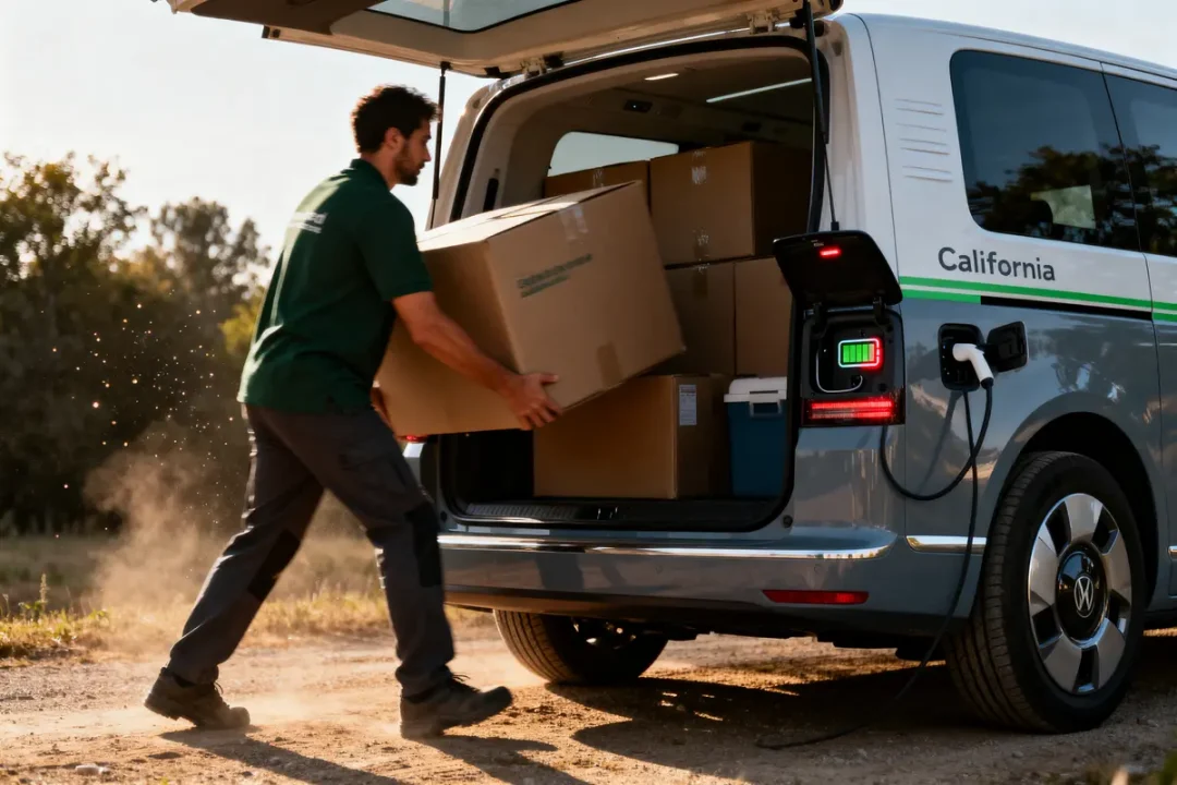 Homme chargeant des cartons dans un van électrique Volkswagen sur un chemin de terre ensoleillé.