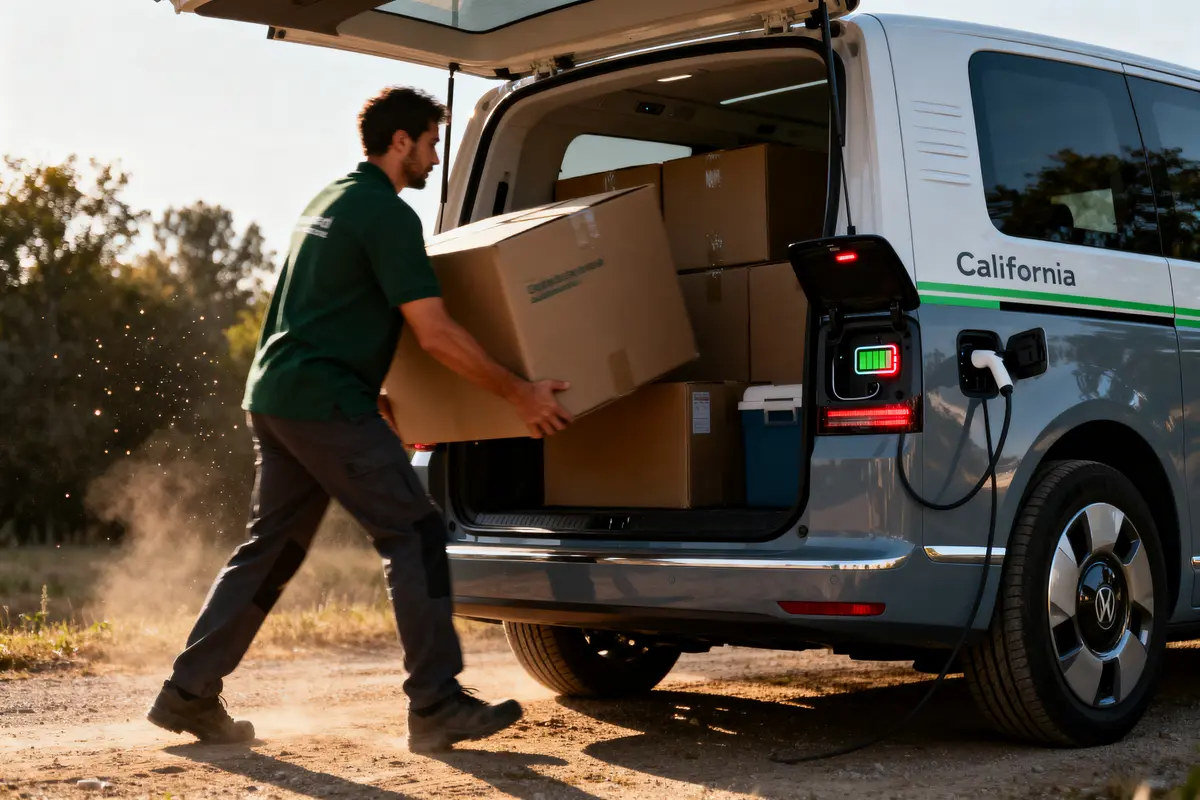 Homme chargeant des cartons dans un van électrique Volkswagen sur un chemin de terre ensoleillé.
