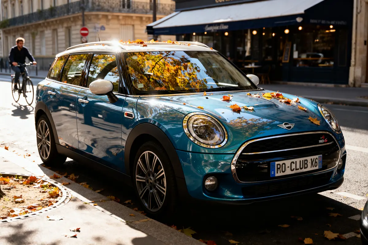 Voiture bleue garée, couvertes de feuilles d'automne, rue ensoleillée, cycliste passant à côté, café en arrière-plan.