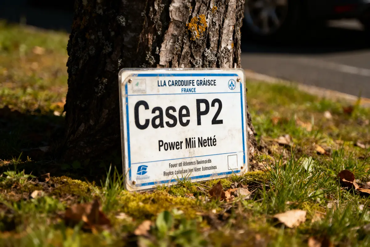 Panneau blanc au pied d'un arbre sur herbe, texte "Case P2 Power Mii Netté".
