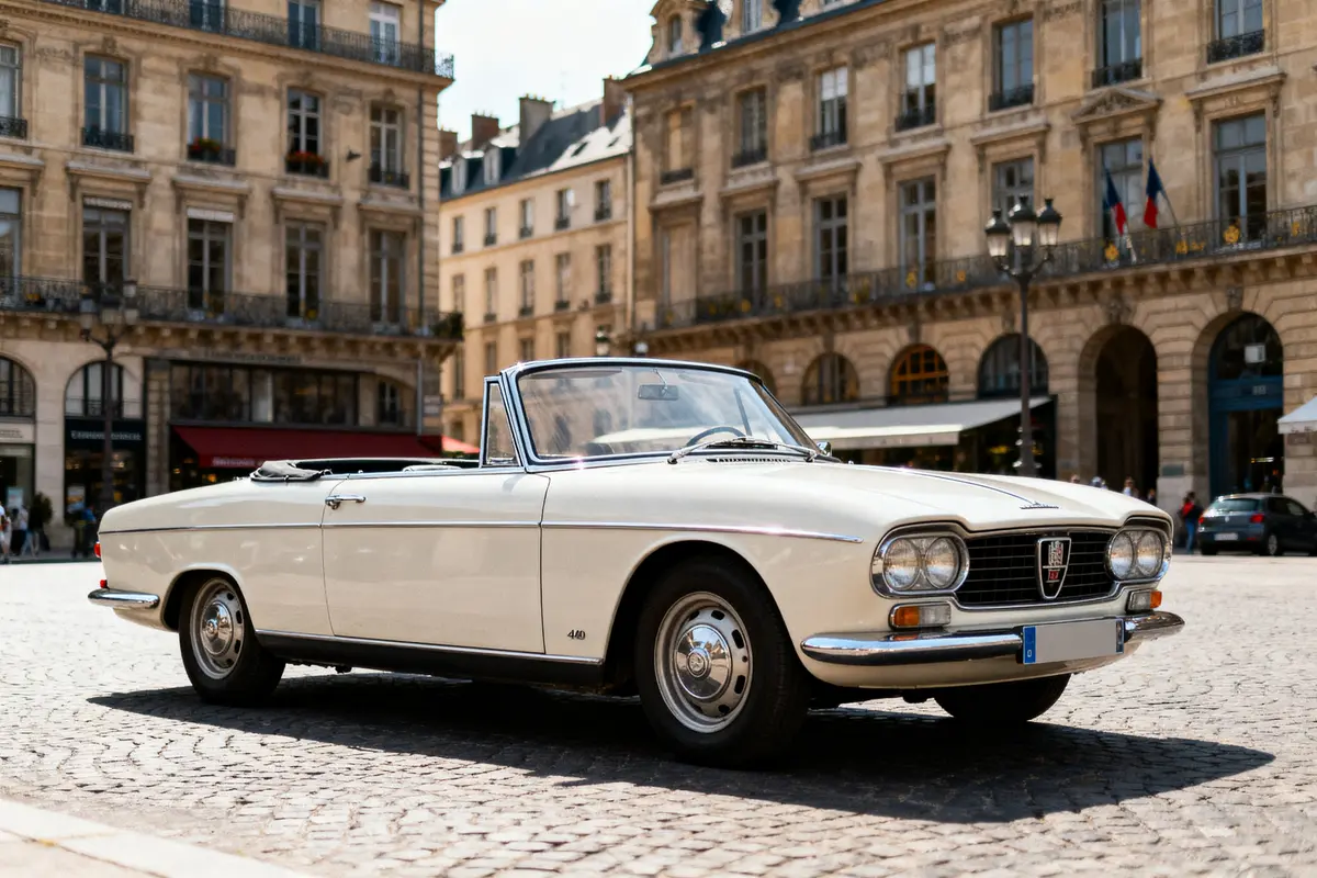 Voiture décapotable blanche ancienne stationnée sur une place pavée avec bâtiments historiques en arrière-plan.