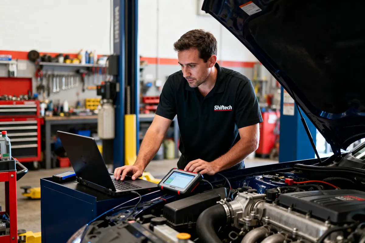 Mécanicien travaillant sur ordinateur portable dans un atelier automobile, capot levé, outils en arrière-plan.