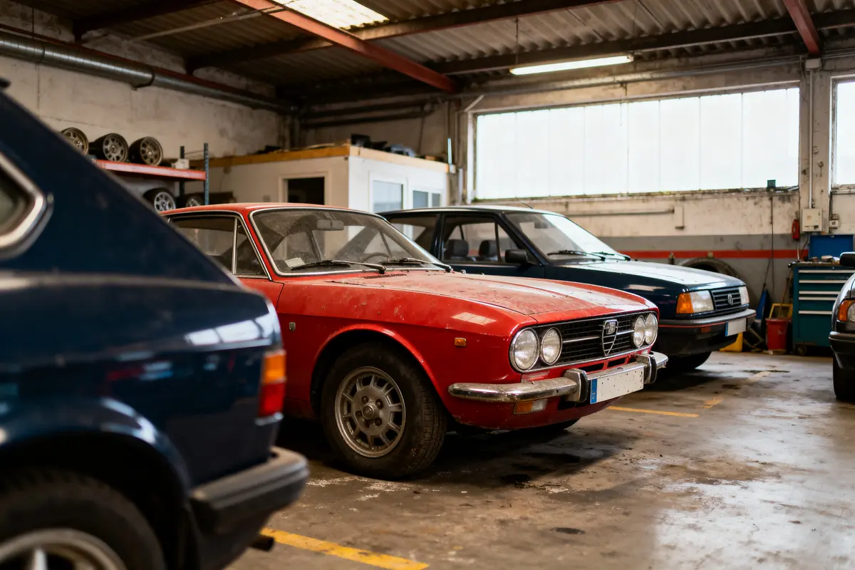 Trois voitures anciennes garées dans un garage, dont une rouge au premier plan.