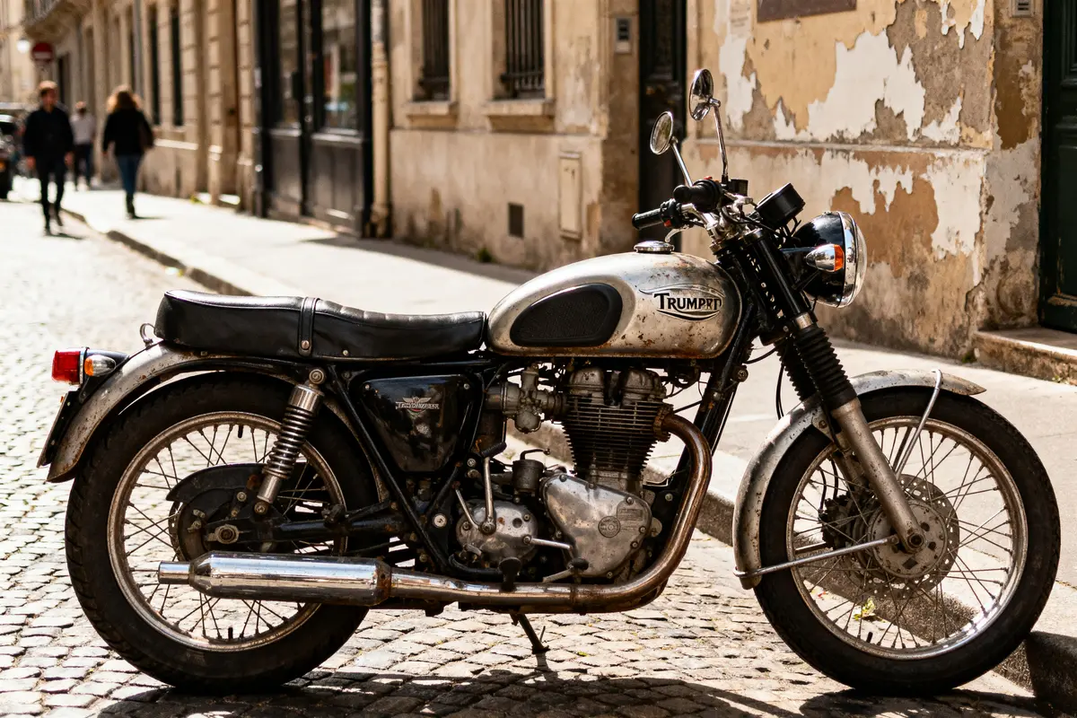 Moto ancienne Triumph garée dans une rue pavée avec bâtiments en arrière-plan, lumière du jour.
