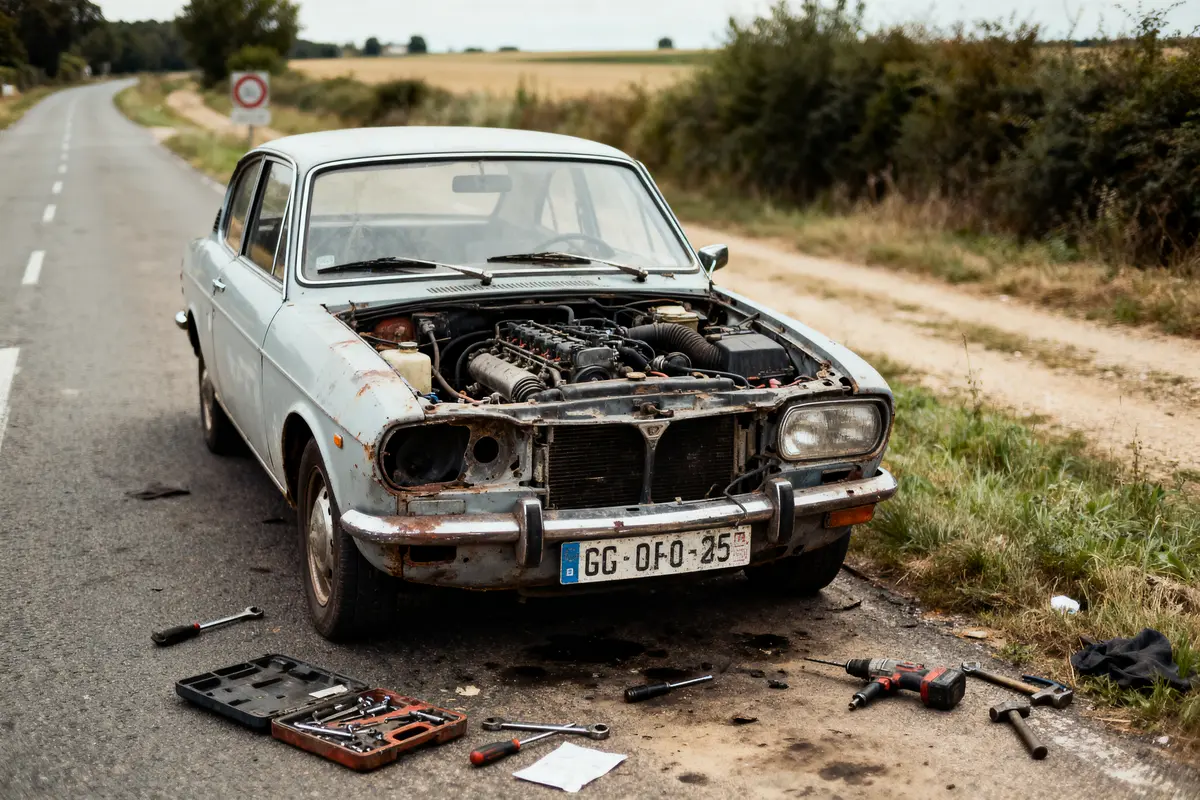 Voiture en panne sur route de campagne, capot ouvert, outils éparpillés au sol.