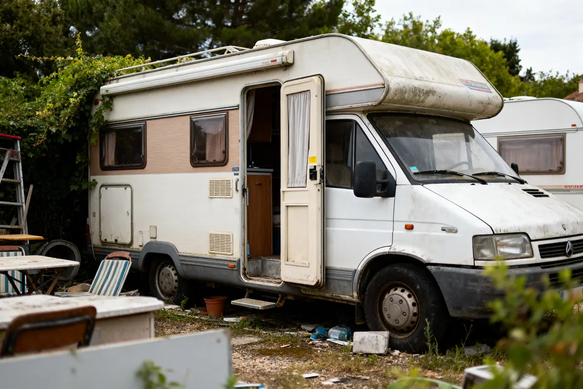 Camping-car blanc vieilli, stationné à l'extérieur avec porte ouverte, entouré de végétation et meubles de jardin.