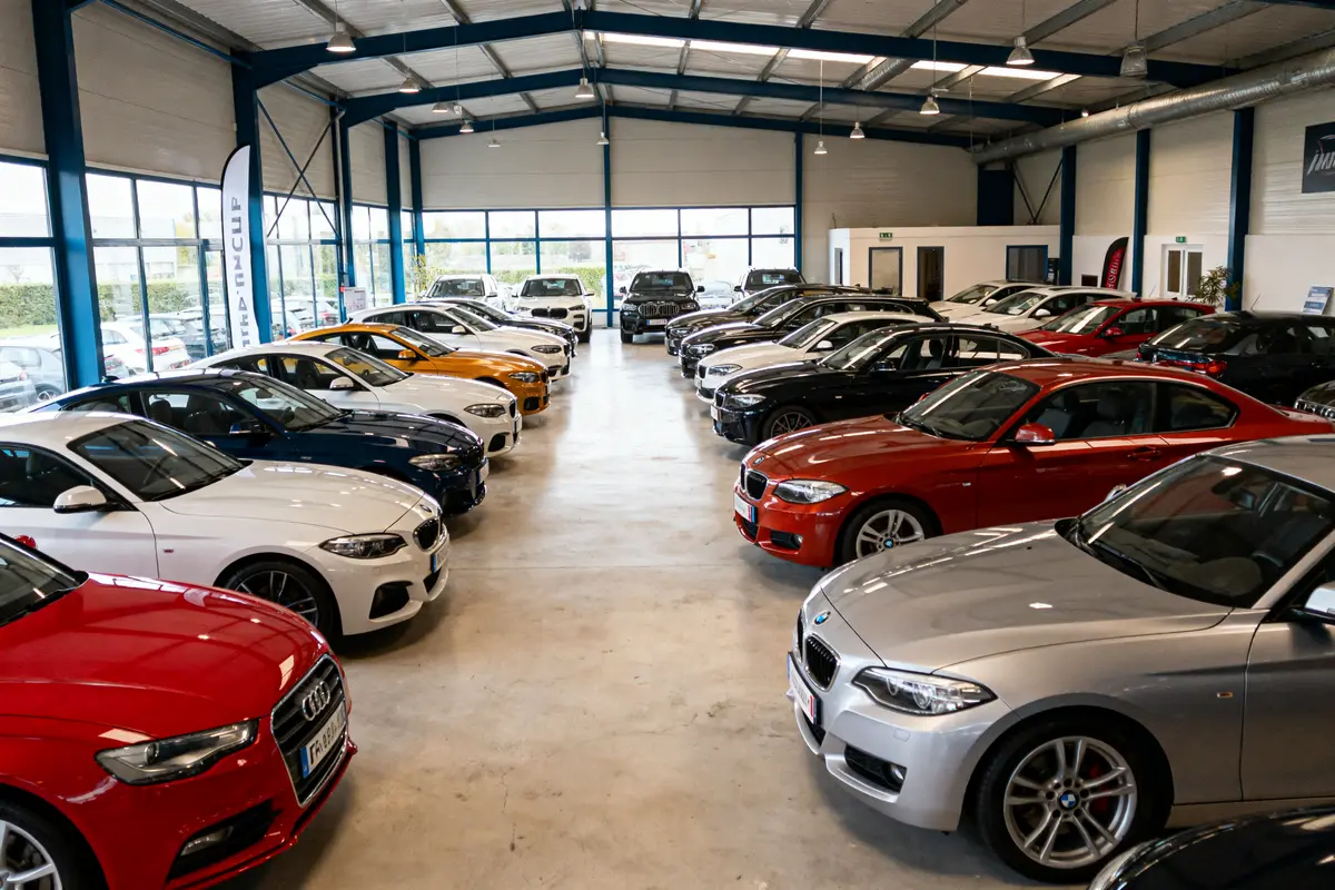 Salle d'exposition de voitures de luxe multicolores alignées dans un showroom lumineux et spacieux.