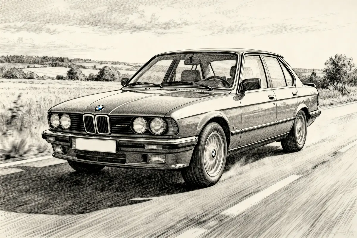 Dessin d'une BMW e28 automatic roulant sur une route de campagne paisible