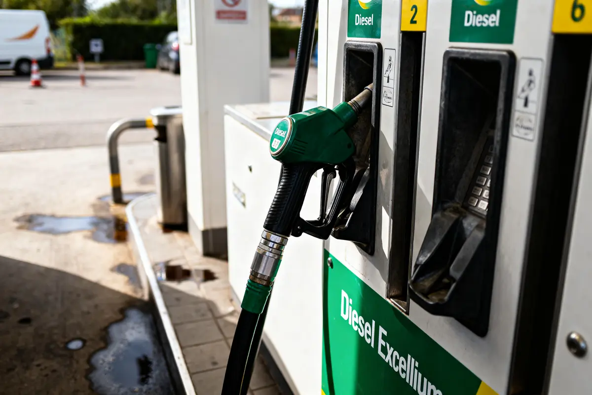 Pompe à essence diesel avec pistolet vert dans une station-service extérieure.