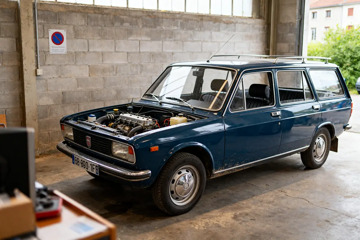 Fiat 128 Station Wagon bleu avec capot ouvert dans un garage lumineux
