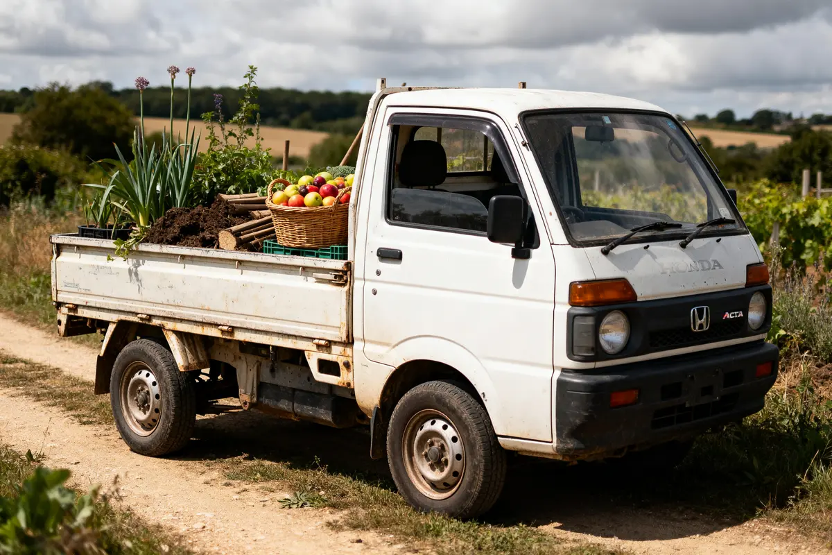 Camionnette blanche dans un champ transportant plantes, panier de pommes, terre et outils de jardinage.