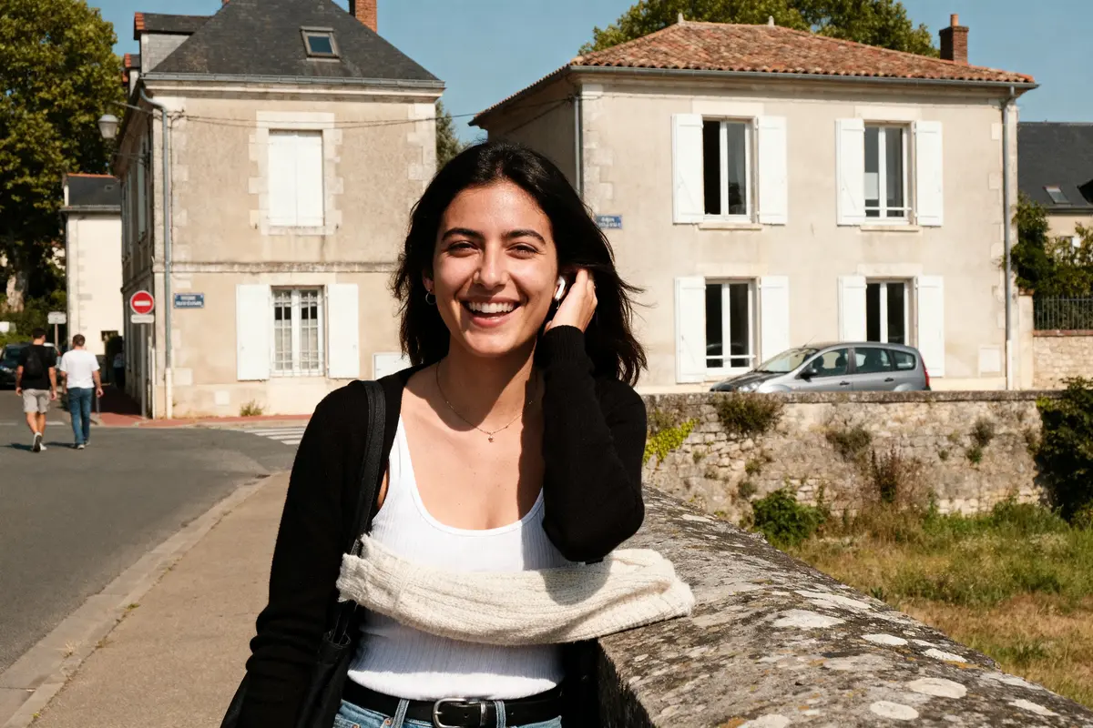 Jeune femme souriante devant maisons traditionnelles, portant un pull Linea R sur l'épaule