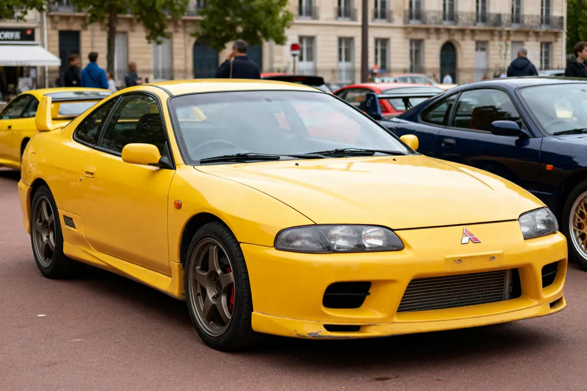 Véhicule jaune sportif Mitsubishi FTO coupé garé en ville parmi d'autres voitures