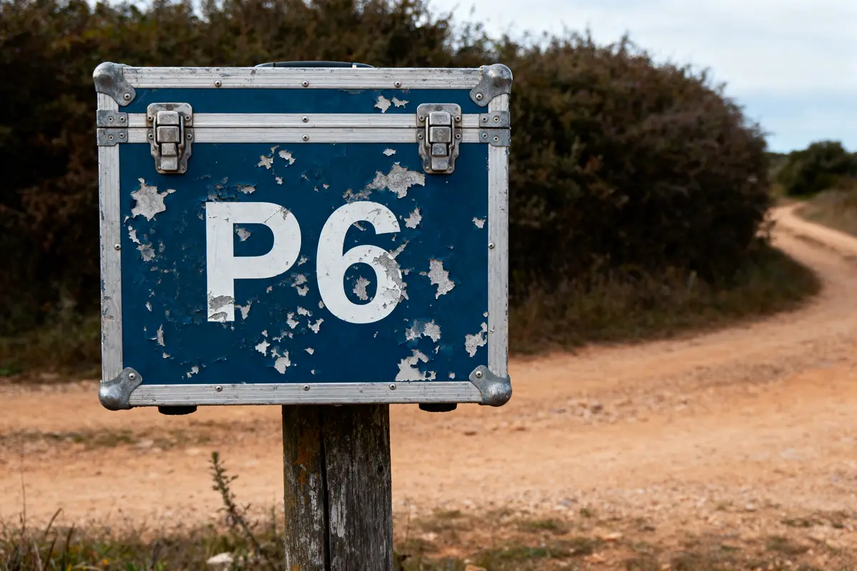 Panneau bleu P6 usé, monté sur poteau, chemin terreux en arrière-plan.