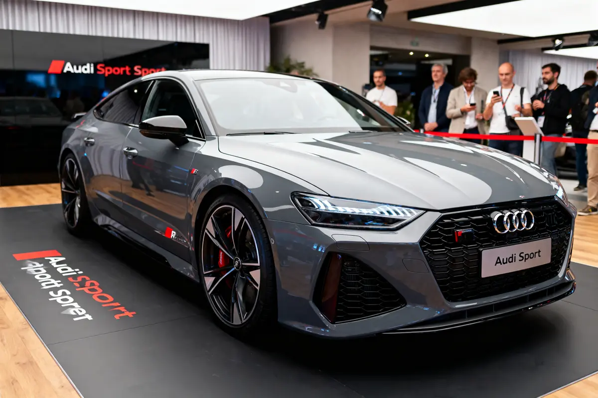Voiture Audi grise exposée avec spectateurs à l'arrière-plan lors d'un événement Audi Sport.