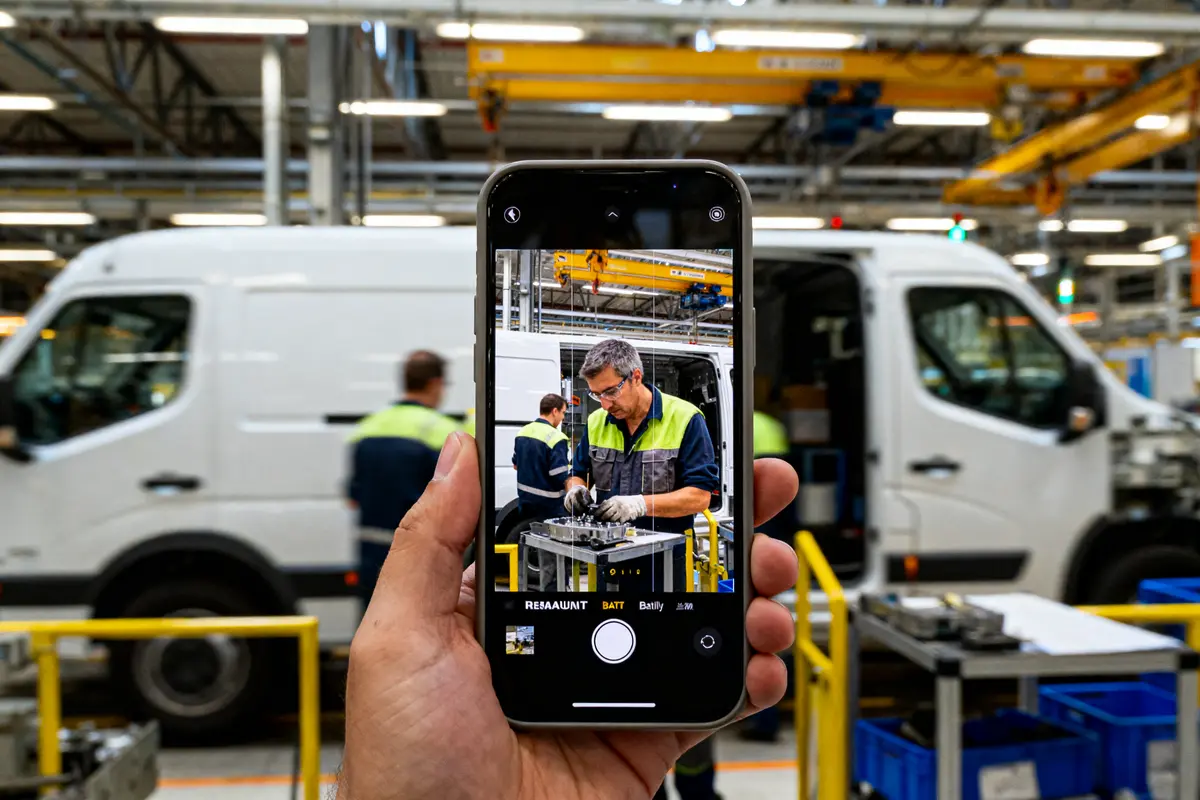 Une main tient un smartphone montrant un ouvrier en usine devant un véhicule.
