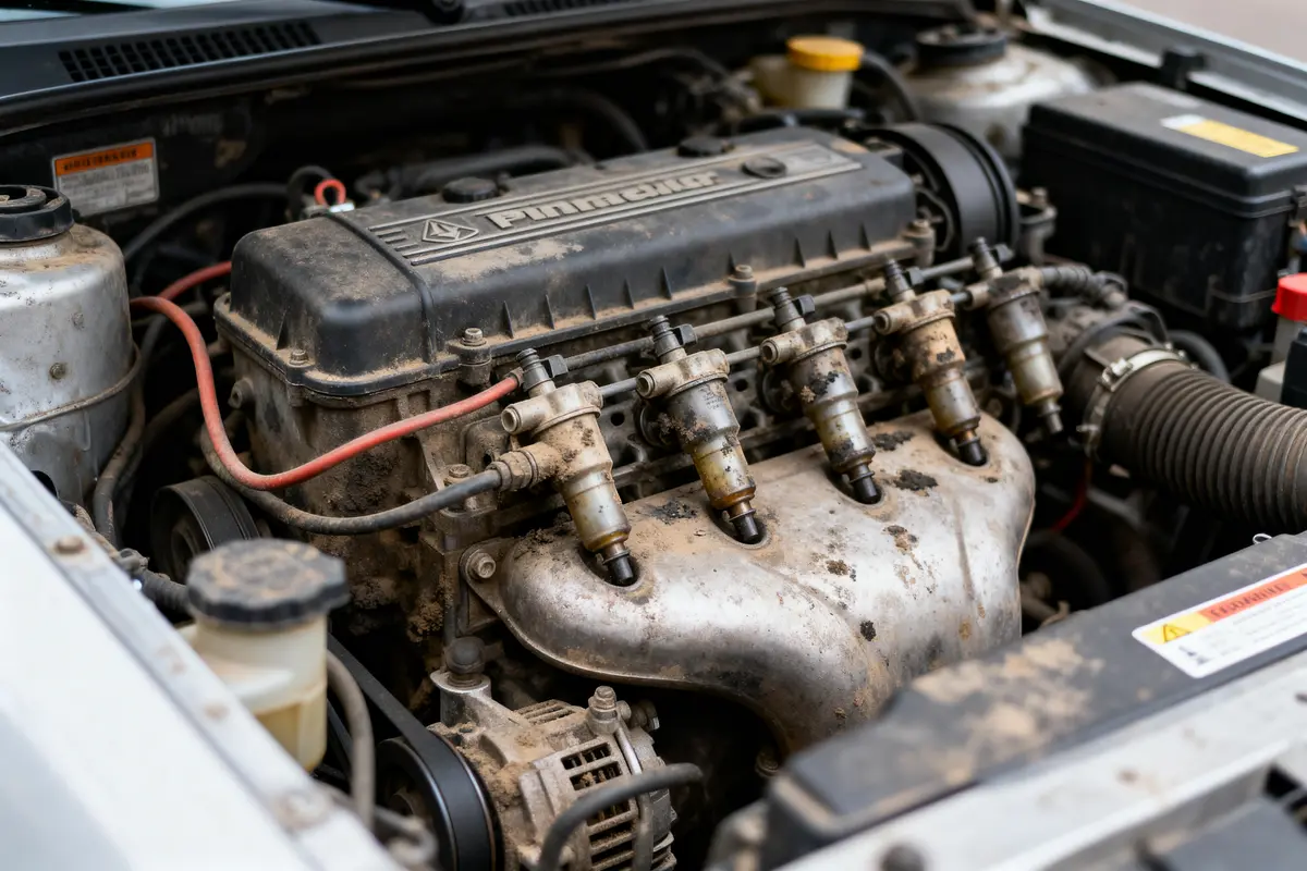 Moteur de voiture usé avec bougies d'allumage visibles et câbles, recouvert de saleté et de poussière.