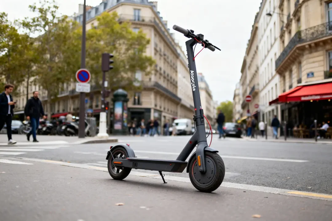 Trottinette électrique noire sur trottoir parisien, arrière-plan urbain avec passants et bâtiments haussmanniens.