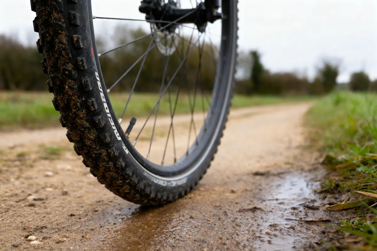 Roue de vélo tout-terrain sur chemin boueux dans la nature.