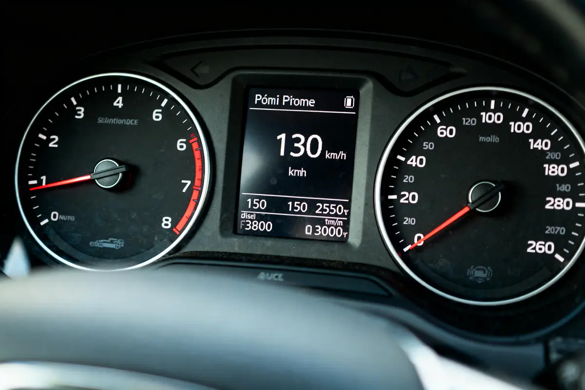 Tableau de bord de voiture affichant 130 km/h sur écran central et tachymètre.