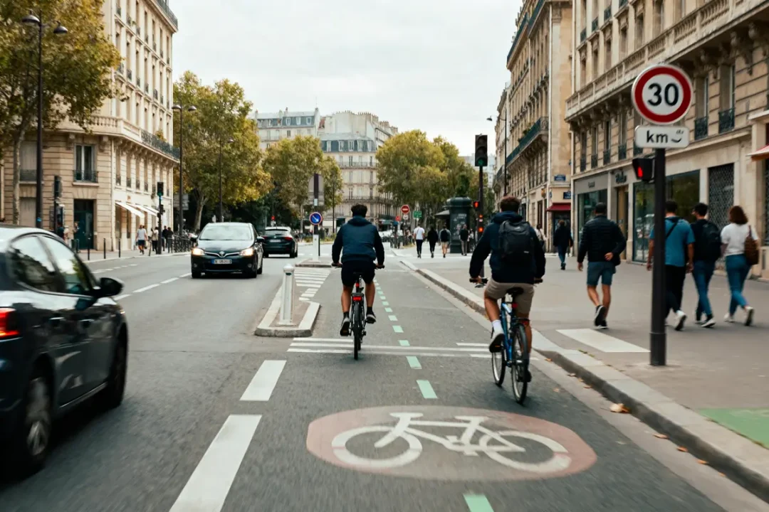 Deux cyclistes roulent sur une piste cyclable en ville, entourés de voitures et piétons.