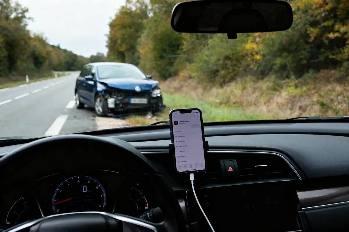 Vue depuis voiture, accident routier, voiture bleue endommagée, smartphone sur tableau de bord, route bordée d'arbres.