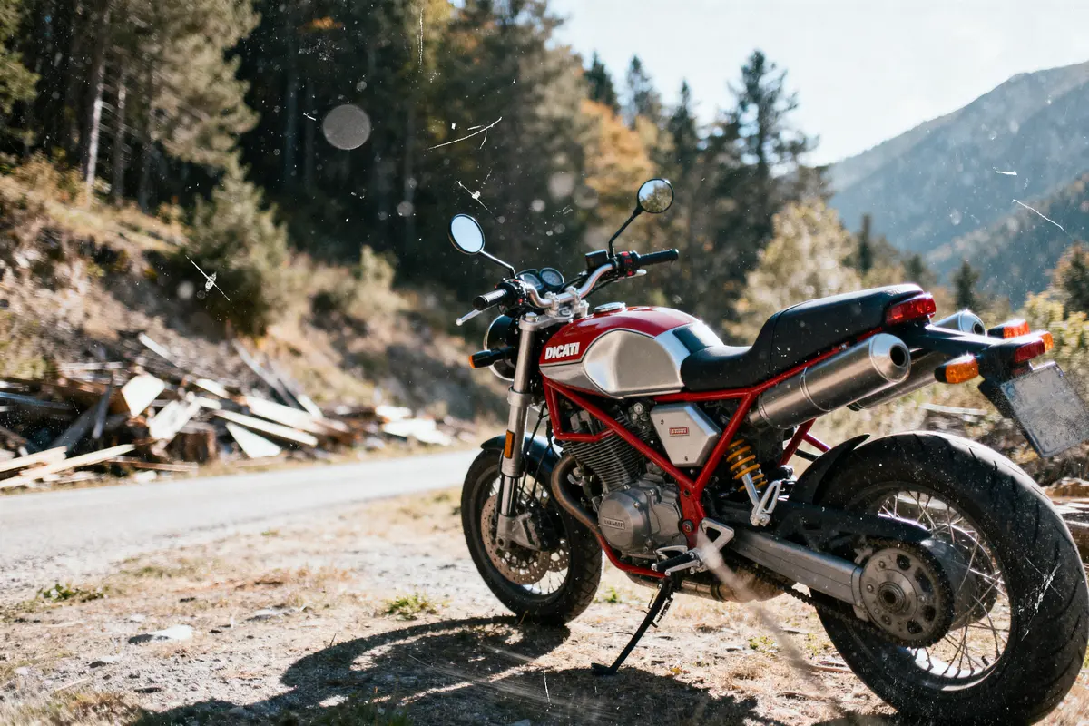 Moto Ducati rouge et argent stationnée sur route de montagne, forêt en arrière-plan, lumière ensoleillée.