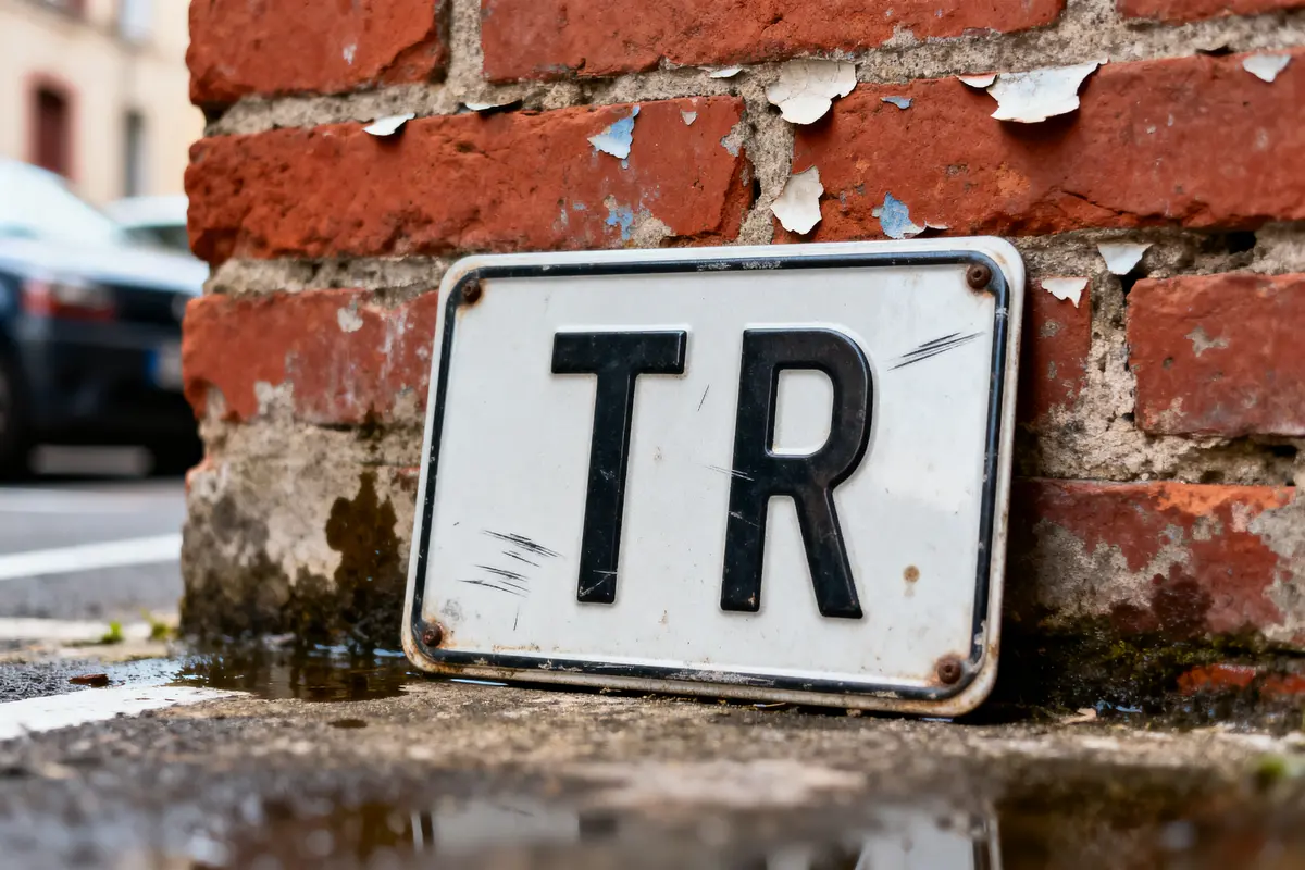 Plaque avec lettres "TR" appuyée contre un mur de briques écaillées. Reflet dans l'eau.