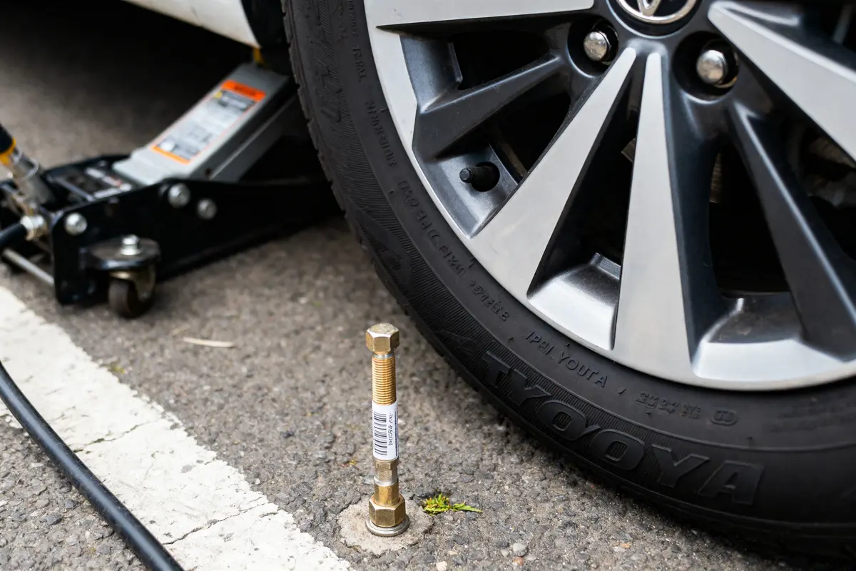Roue de voiture au-dessus d'un obstacle en forme de boulon sur la route, avec un cric visible.