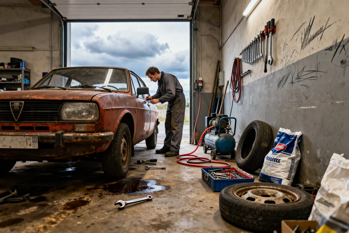 Mécanicien réparant une vieille voiture rouillée dans un garage encombré d'outils et pièces éparpillés.
