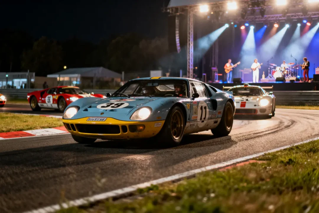 Voitures de course sur piste nocturne, scène musicale éclairée en arrière-plan, ambiance dynamique.