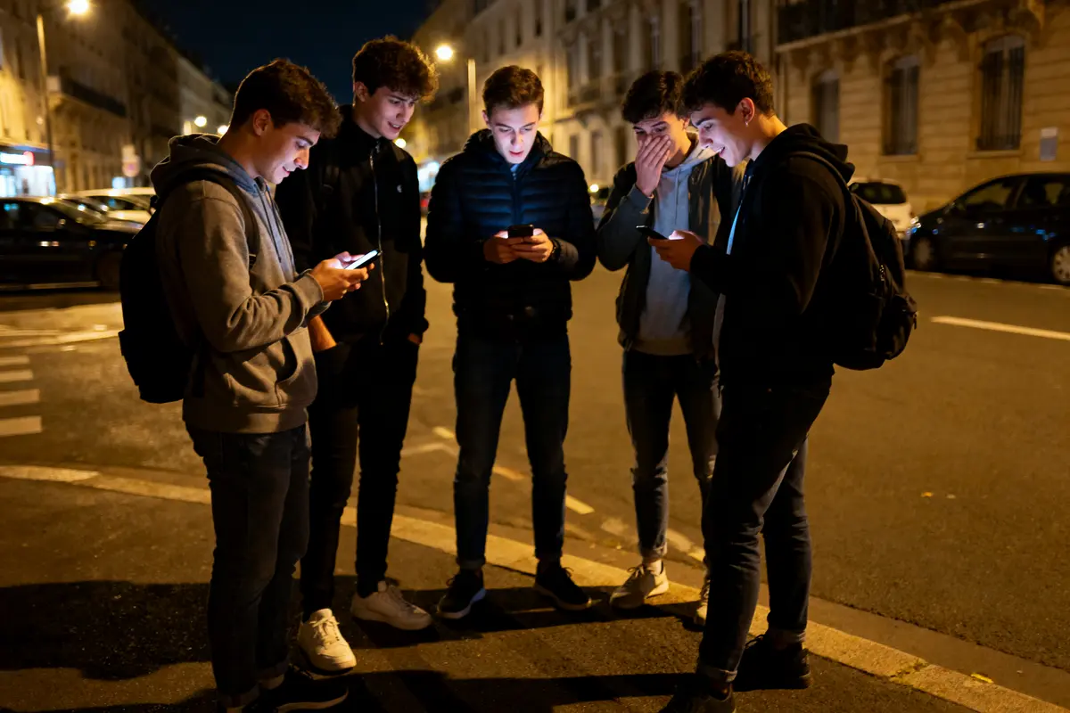 Cinq jeunes regardent leurs téléphones, debout dans une rue la nuit. Expressions concentrées, lumière des écrans.