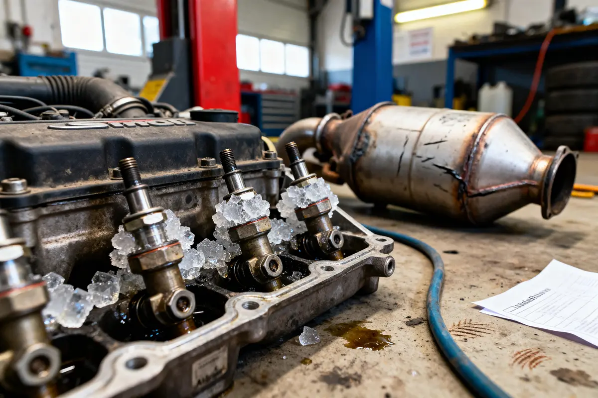 Moteur ouvert avec bougies recouvertes de glace, échappement à côté, garage en arrière-plan.
