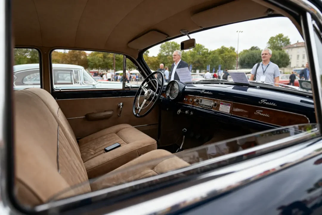 Intérieur d'une voiture classique avec sièges en cuir beige, volant vintage, objets exposés en extérieur.