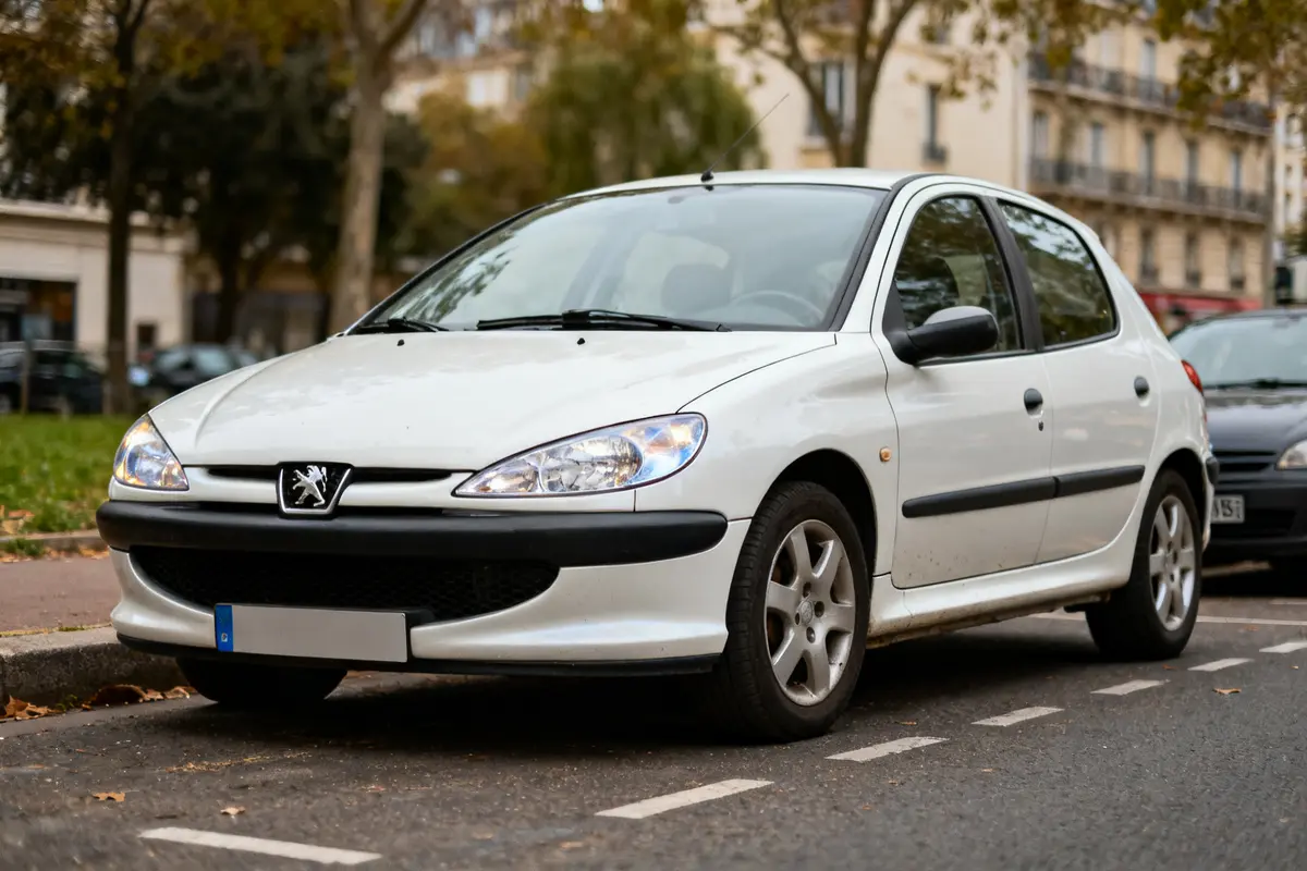 Voiture Peugeot blanche garée en ville, modèle 306 phase 3.