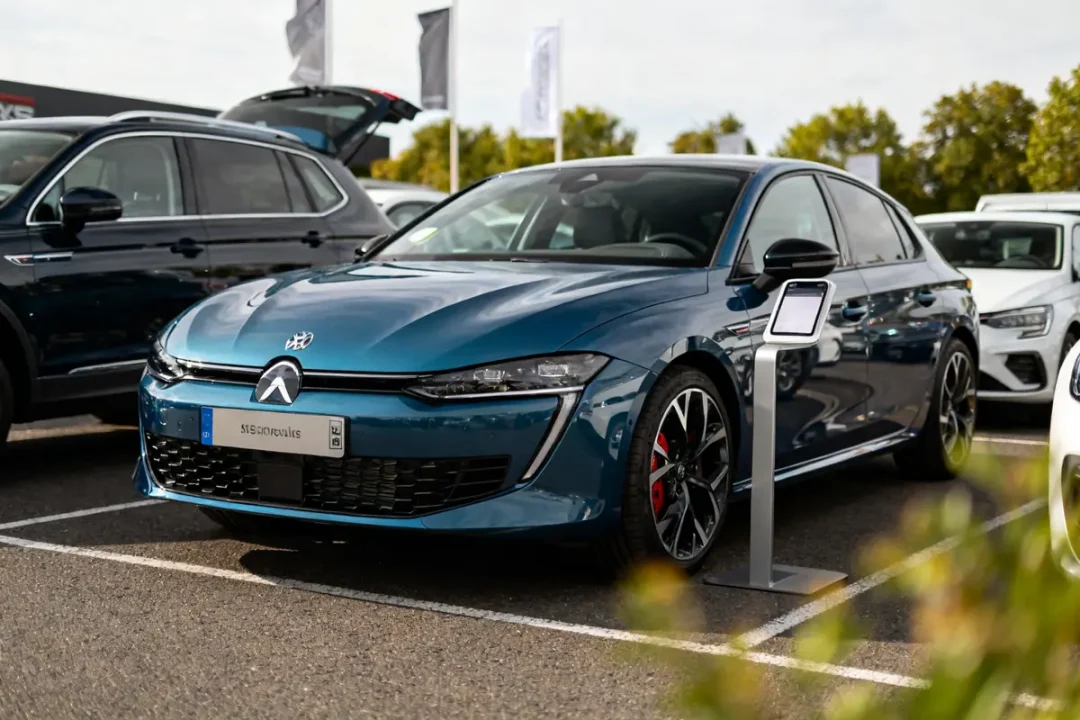 Voiture Techno Car bleue moderne exposée dans un parking avec autres véhicules contemporains